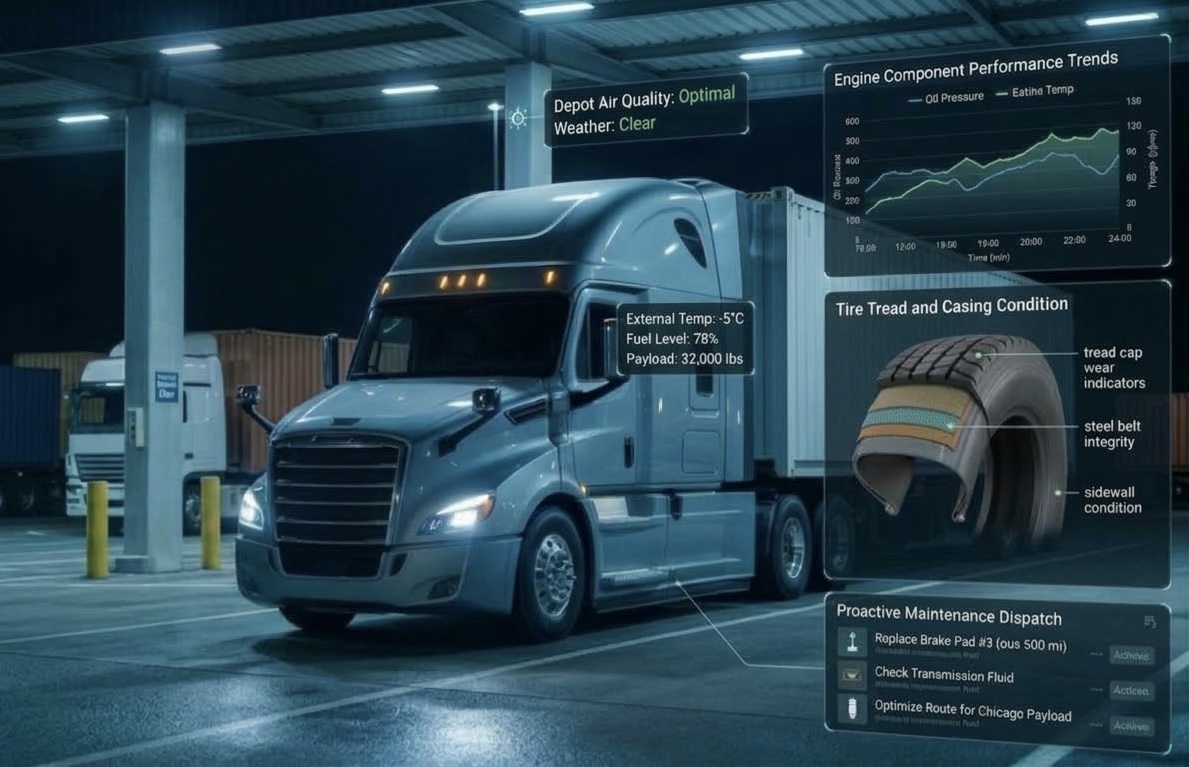 Truck in a depot with fleet maintenance and vehicle performance visualization